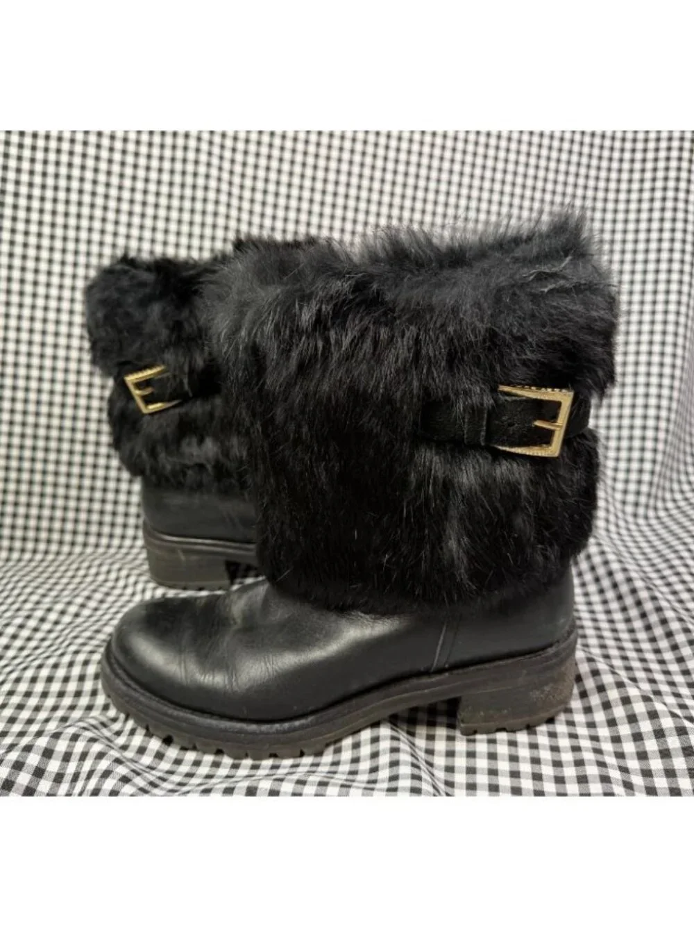 Tory Burch Joni Fur Cuff Moto Boots Womens 7M Black Leather Buckle Apres Ski